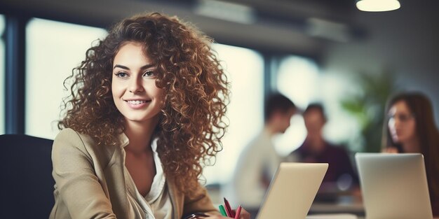 Молодая стильная женщина с вьющимися волосами, используя ноутбук в маркетинговом агентстве
