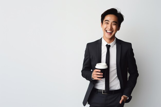 Young success man in suit holding coffee