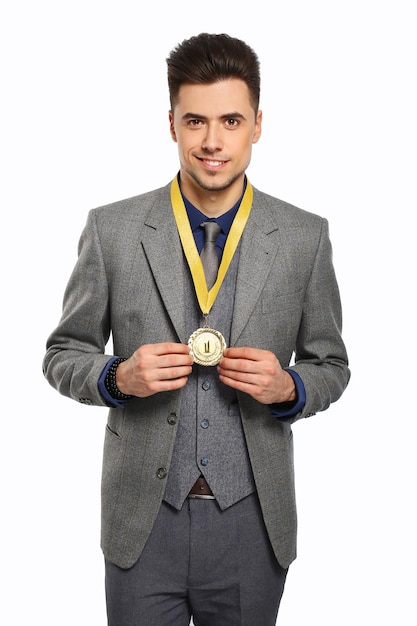 Young successful business man on a white background