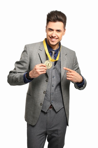 Young successful business man on a white background