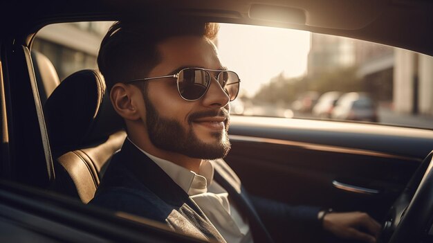 큰 미소를 지으며 고급스러운 차를 운전하는 성공적인 젊은 사업가 Generative AI
