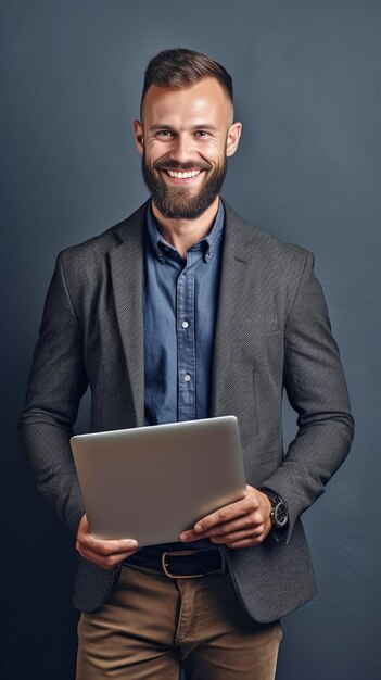 Foto giovane e di successo bel giovane in camicia che trasporta un laptop e guarda l'intelligenza artificiale generativa