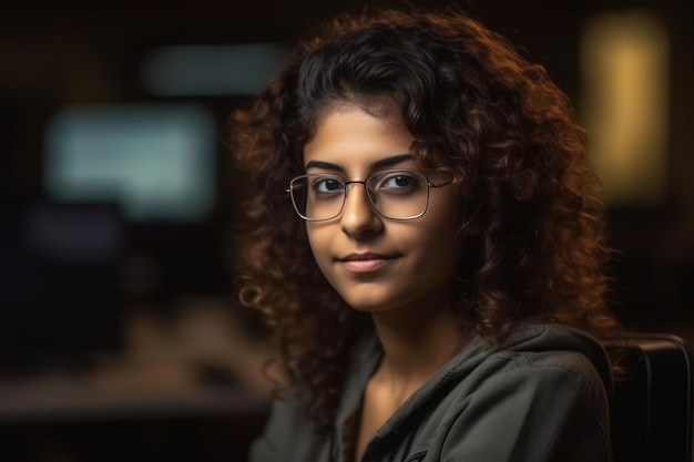 개발 회사 사무실에서 일하는 젊은 성공적인 인도 개발자 여성 엔지니어 곱슬머리에 안경을 쓰고 웃고 카메라를 바라보는 여성 프로그래머의 초상화