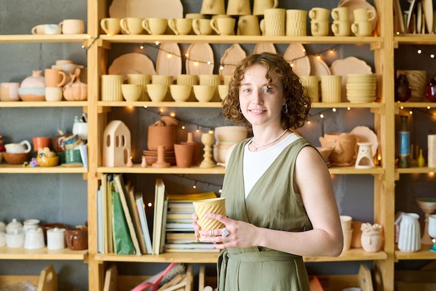 Young successful owner of small shop with handmade clay mug in\
hands