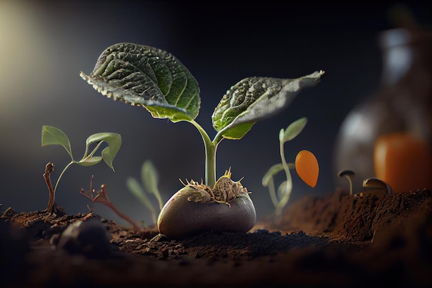 Young summer squash plant sprouting first genuine leaf majestically emerging from the soil