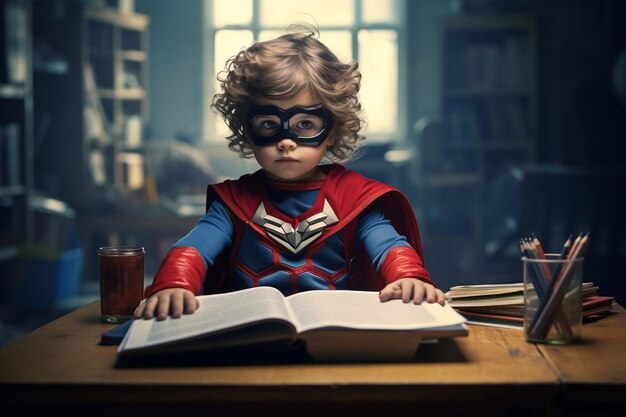 Young Superhero Scholar Little Superhero Studying at School Generative Ai