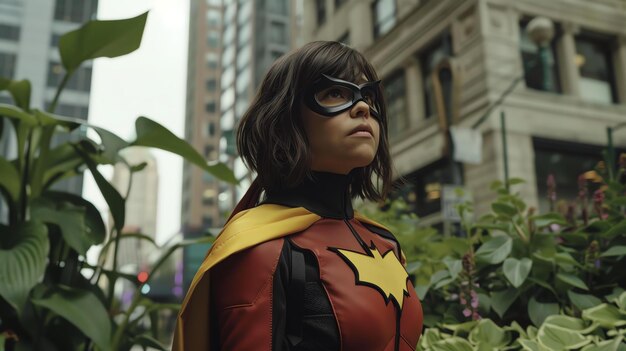 Photo a young superhero stands on a rooftop looking out over the city she is wearing a red and yellow costume and a mask