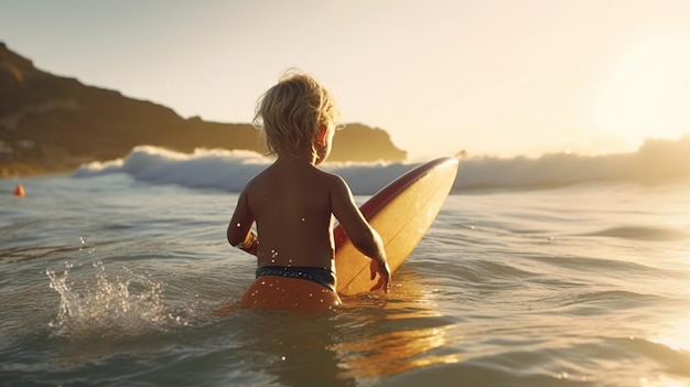 Young surfer learn to ride on surfboard with fun on sea waves Generative AI