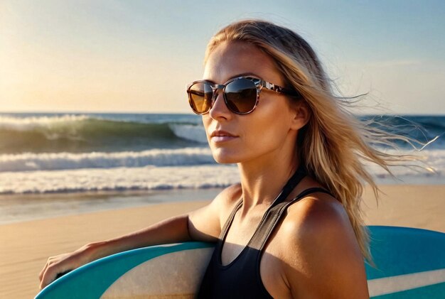 Photo young surfer woman in sunglasses on sandy beach stands with surf board watches sea waves emotions of