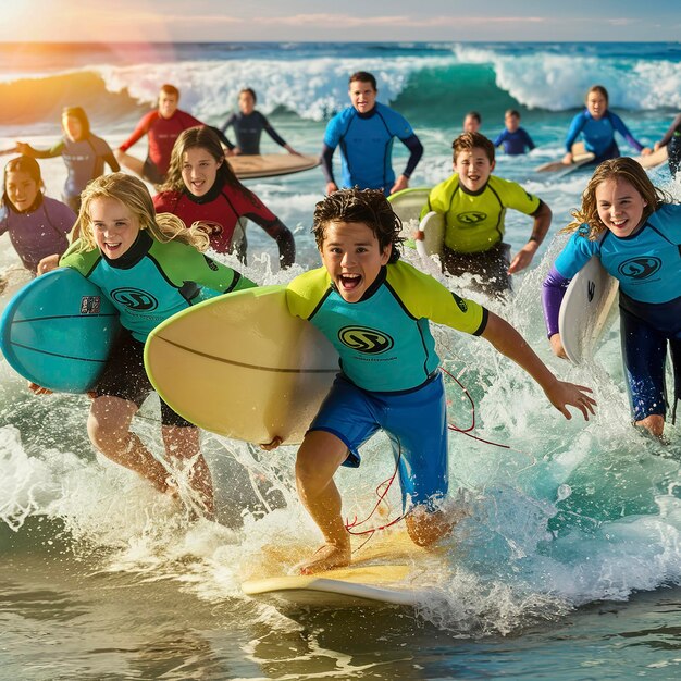 Photo young surfers going for water surfing