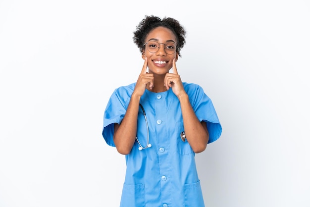 Young surgeon African American doctor woman isolated on white background smiling with a happy and pleasant expression