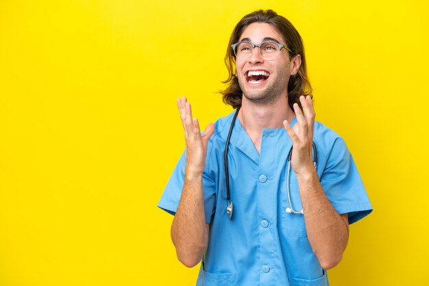 Young surgeon caucasian man isolated on yellow background with surprise facial expression