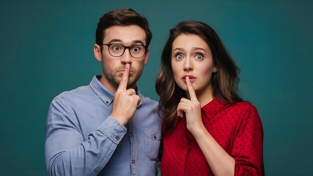 Young surprised couple make silence sign stand closely to each other keep index fingers on lips