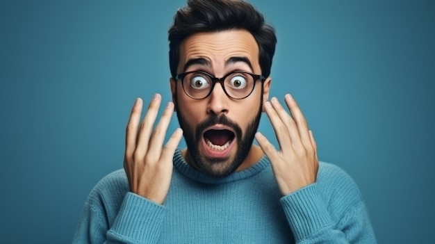 Фото Молодой человек удивлен шокированный парень с удивленным лицом синий фон