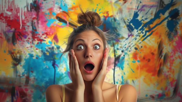 Photo young surprised woman with messy bun hairstyle and colorful abstract painting on the background