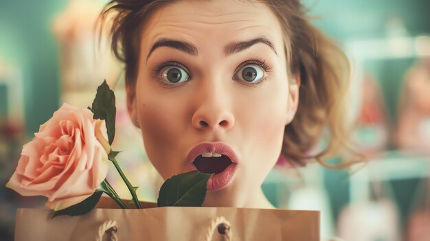 Photo young surprised woman with a rose in her hands