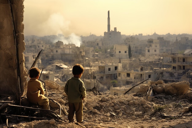 Молодые выжившие дети ориентируются по разрушенному войной городскому ландшафту