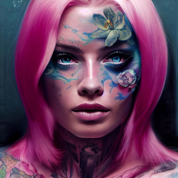 Young tattooed woman portrait with tattoos 3d rendering