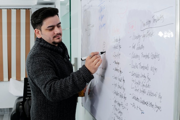 a young teacher is writing something on white board with marker.