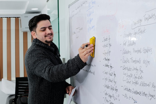 a young teacher is writing something on white board with marker.