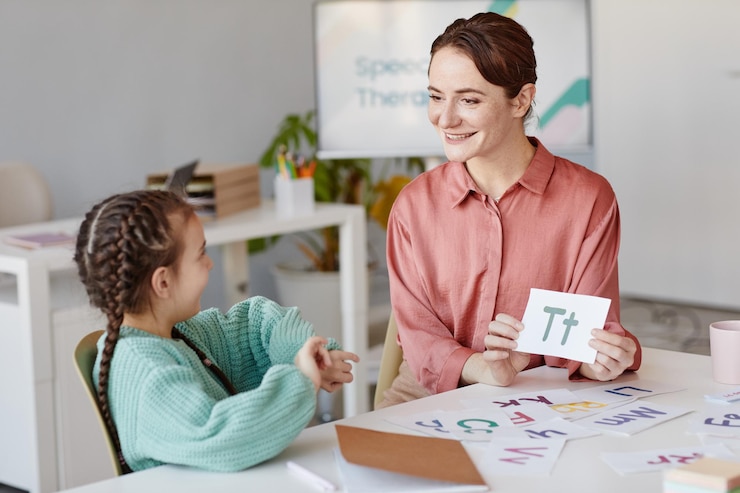 Photo young teacher showing the card with english letter while teaching the little girl at the table in the room