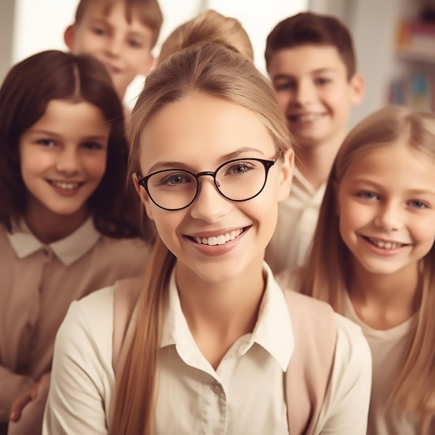 young teacher smiling at the camera with her smiling students