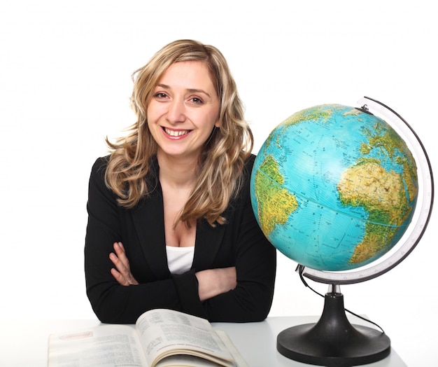 Young teacher with globe earth