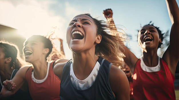 一緒に立って興奮して叫ぶ女性アスリートの若いチーム勝利を楽しむ多様なランナーのグループ