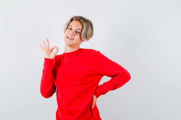 Young teen boy showing ok gesture in red sweater and looking glad. front view.