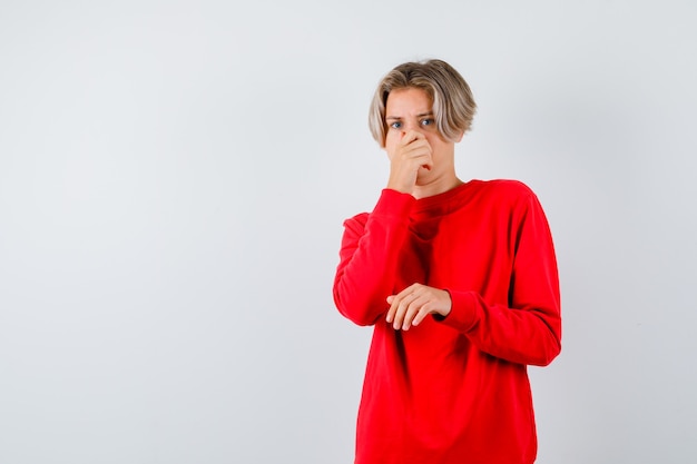 Young teen boy smelling something awful, pinching nose in red sweater and looking disgusted , front view.