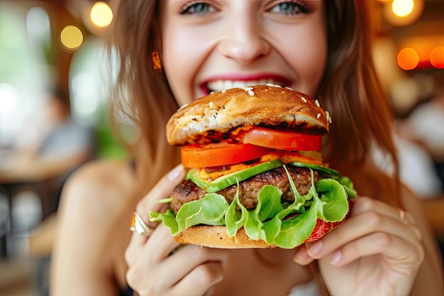 Foto i giovani adolescenti mangiano panini vegani, hamburger vegetariani sani.