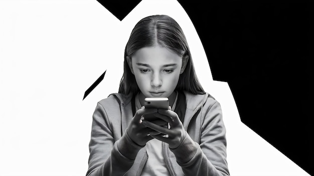 Молодая девушка использует сотовый телефон изолированно на белой стене