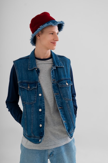 Young teenage boy wearing a denim outfit