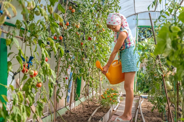 素朴なショールを着た 10 代の少女が、温室の菜園に水をまく