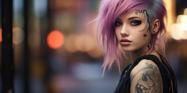 young teenage girl with pink hair and tattoos generative AI