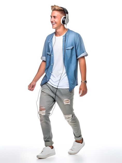 Young teenage student with his headphones on casual style isolated on white