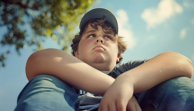 Photo a young teenager sits on the ground with his hands on his knees