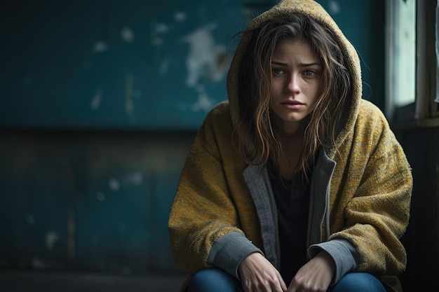 Young teenager woman in a hoodie the front door of a social housing