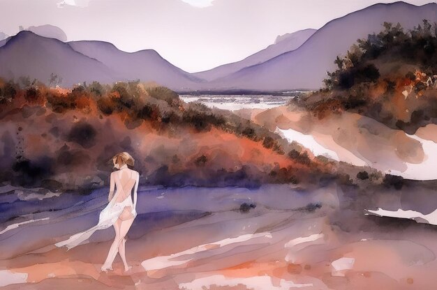 A young tender girl walks along the shore in light clothes Watercolor illustration Generative AI