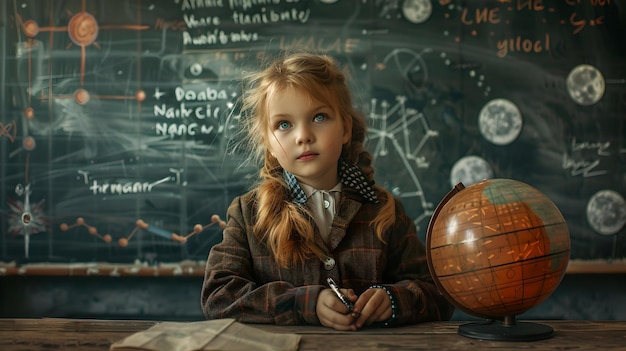 Молодой мыслитель позирует с глобусом в классе, демонстрируя любопытство и обучение. Ребенок в винтажной одежде, потерянный в мысли, образовательная концепция ИИ