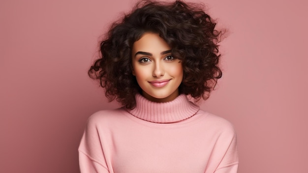 Young thoughtful woman on pink background looking away generated by AI