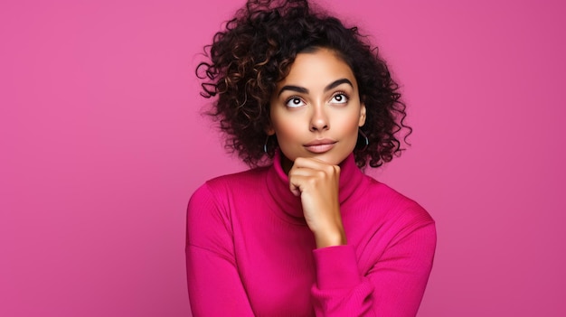 Photo young thoughtful woman on pink background looking away