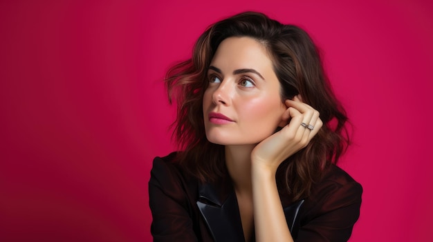 Young thoughtful woman on pink background looking away