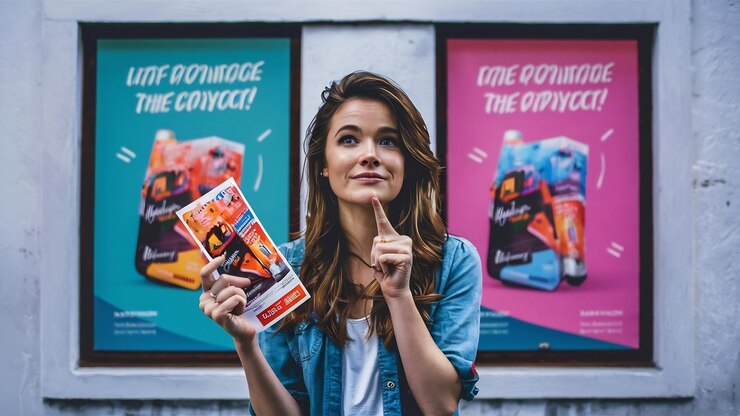 Photo young thoughtful woman showing advertisement pointing finger up and smiling at front giving knowi
