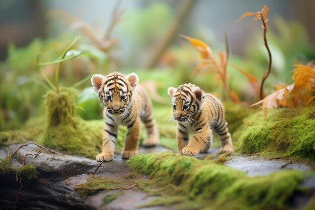 Young tiger cubs exploring jungle terrain