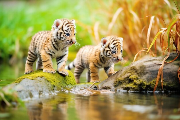 Young tiger cubs playing by a small stream