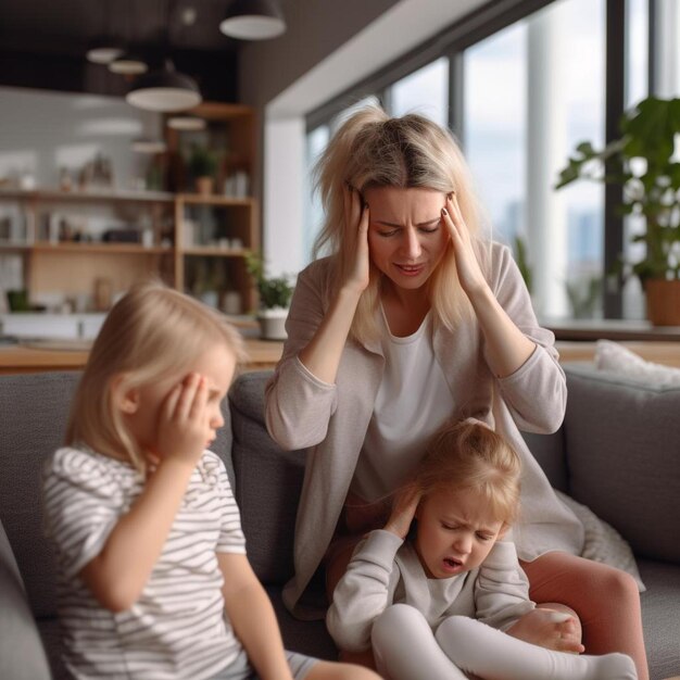 young tired single mother suffers from headache closed eyes touch forehead sitting on couch while