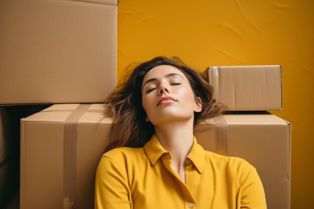 A young tired woman lies on boxes of things in her new home after moving in Unpacking boxes after moving into a new apartment New homeowners Mortgage Rental of property