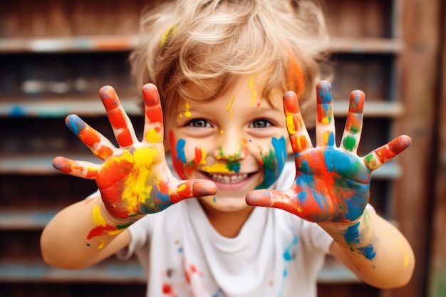 Young toddler boy wearing colorful paints on hands