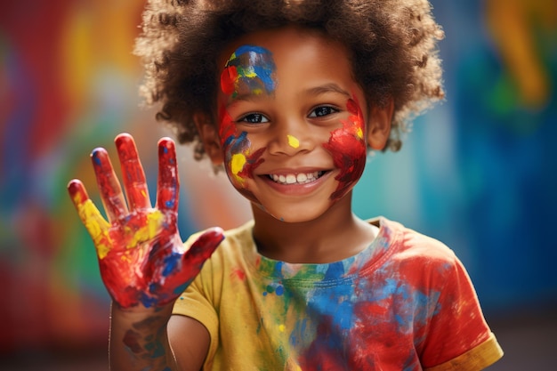 Young toddler boy wearing colorful paints on hands